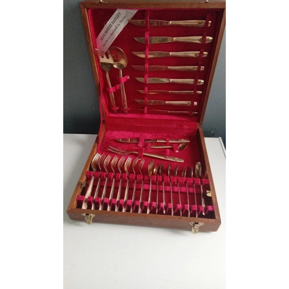 Siam Bronze Flatware Set Gold Bronze Cutlery Service for 6‎ in Wood Case